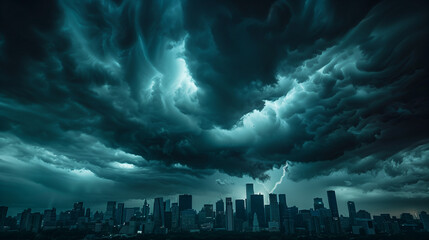 Apocalyptic Storm over City, Dark Clouds with Lightning, Dramatic Weather - obrazy, fototapety, plakaty