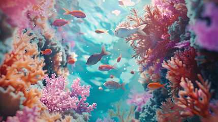 An underwater scene where fish swim through coral that shifts colors like a kaleidoscope.