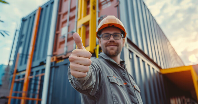 A man wearing a hard hat gestures a thumbs up sign