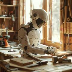 Fototapeta premium A robot is neatly positioned on top of a sturdy wooden table in a simple setting