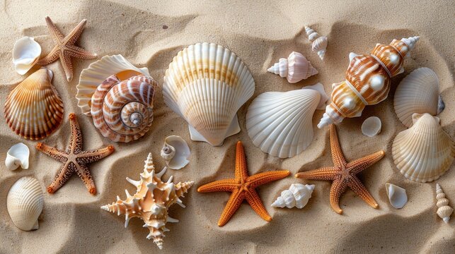 Seashells and Starfish, A collection of shells and starfish on sandy textures, summer background