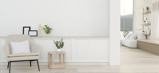 Fototapeta premium A luxurious minimalist white home corridor features a modern armchair and a mini coffee table.