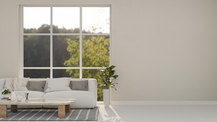 The interior design of a contemporary minimalist white living room features a cozy white couch. - obrazy, fototapety, plakaty