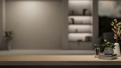 A space for display products on a wooden tabletop in a modern living room at night with a dim light.