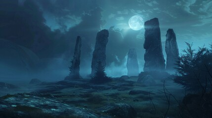 Towering monoliths rise from a misty, moonlit terrain, creating an eerie and mysterious landscape that stirs the imagination.