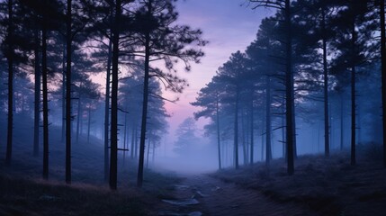 At twilight, the foggy pine forests are nature's lullaby, with the sun's serene serenade painting indigo and amethyst shades - obrazy, fototapety, plakaty