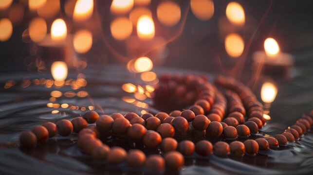 Close-up of a yoga necklace, beads of sandalwood reflecting soft candlelight