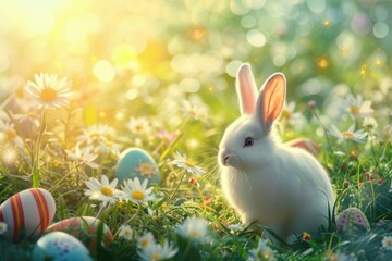 A happy white rabbit is resting among colorful Easter eggs in a beautiful natural landscape filled...