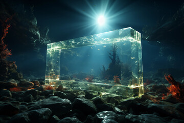A glowing transparent rectangle block illuminates the dark underwater environment, creating an ethereal atmosphere.