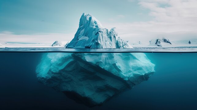 Minimalistic image of an iceberg in the ocean with a view under and above the water with a copy space. Generative AI - Powered by Adobe