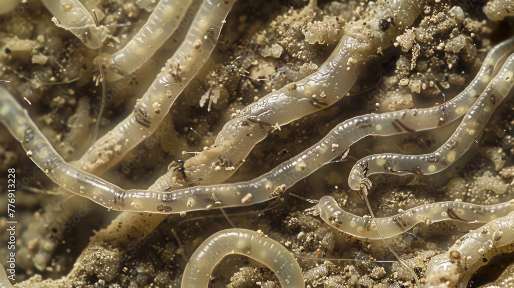 Poster a magnified image of a soil sample with dozens of slender nematodes visible wriggling through the di