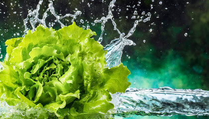 Frische salatkopf mit Wasserspritzer auf blauem Hintergrund	
