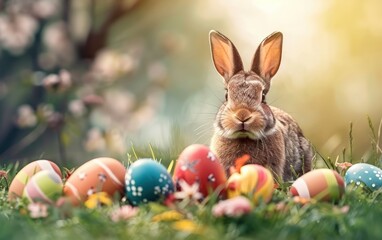 Fototapeta na wymiar Rabbit sitting among Easter eggs in sunlight