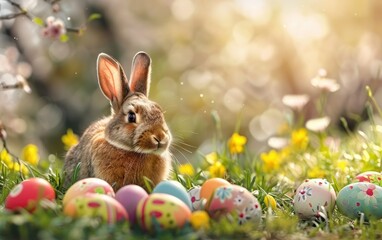 Fototapeta na wymiar Rabbit with Easter eggs against spring backdrop