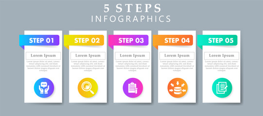 Steps infographics design layout template including icons of opinion, research, sampling, data collection, and results. Creative presentation with 5 steps concept.