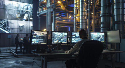 A man sits at a desk, monitoring security cameras on multiple screens.