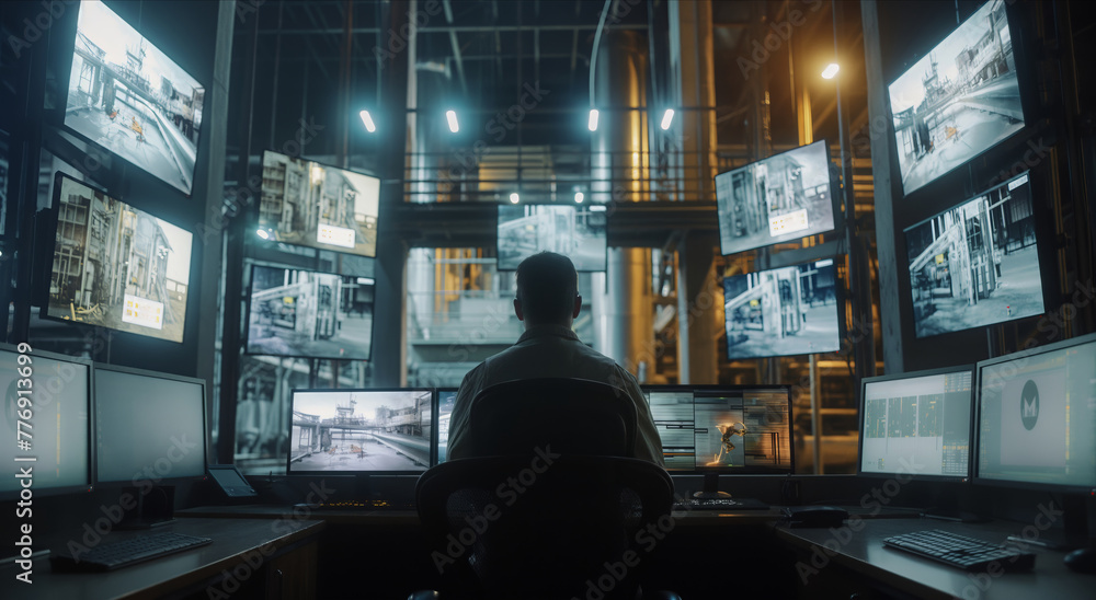Poster a man sitting at a desk, monitoring multiple screens displaying various information.