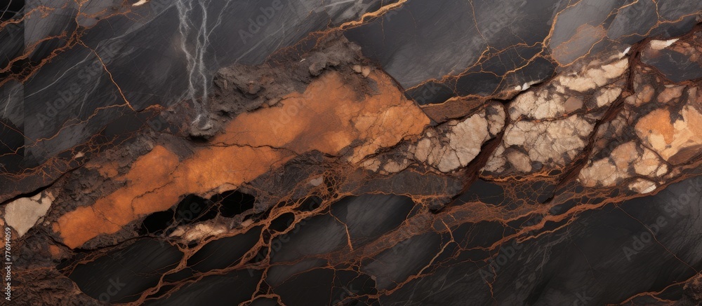 Poster close-up view capturing the intricate brown and black pattern on a marble slab, showcasing its uniqu