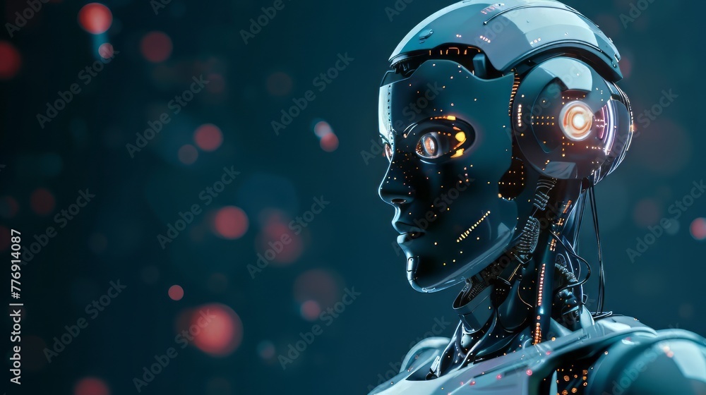 Poster a robot with glowing eyes and a glowing head. the robot is standing in front of a blurry background