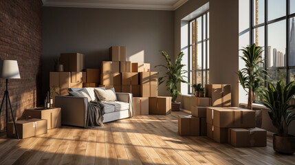 Moving to a luxury apartments, many boxes, natural light, beautiful shadows, plant