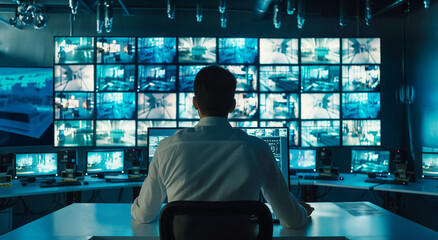A man is seated at a desk, concentrating on multiple monitors showing diverse data and surveillance feeds.