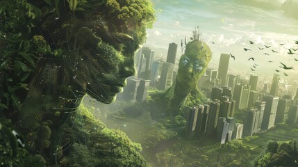 A cityscape with a giant green plant growing out of the ground. The city is surrounded by trees and the sky is blue