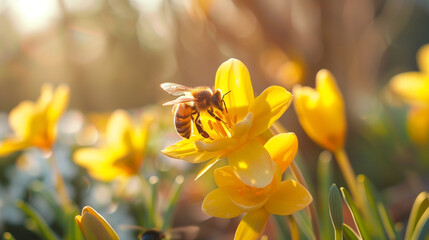 A honeybee delicately gathers pollen on the vibrant petals of a yellow crocus during the soft glow...