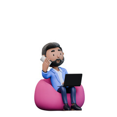 Businessman is sitting on a pink balloon chair and talking on his cell phone. He is wearing a blue suit and blue jeans. The scene is set in a modern, urban environment