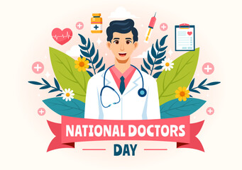 National Doctors Day Vector Illustration with Doctor, Stethoscope and Medical Equipment for Dedication and Contributions in Flat Cartoon Background