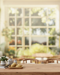 A rustic wooden dining table in a beautiful dining room with a view from a garden on a sunny day.