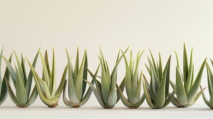 An arrangement of aloe vera specimens exhibiting sturdy green foliage adorned with taut yellow stripes, composed before an empty white field, botanical geometry