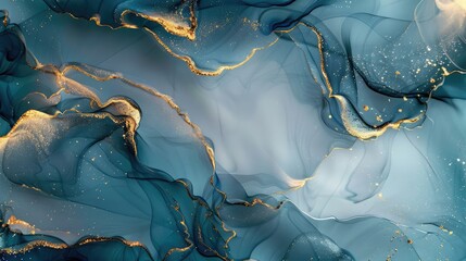 Closeup of blue grey and shiny golden alcohol ink abstract texture trendy wallpaper. Art for design project as background for invitation or greeting cards flyer poster presentation wrapping paper