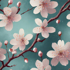 봄에 활짝 핀 벚꽃 나무 그림 - obrazy, fototapety, plakaty