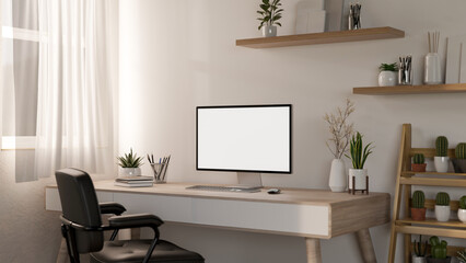 A contemporary, minimalist white home office with a computer mockup on a wooden desk.