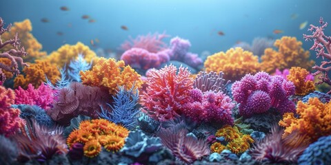 Naklejka na ściany i meble Revolutionizing marine conservation with 3D printed coral reefs on a serene ocean blue backdrop.