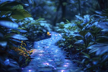 Glowing bioluminescent plants illuminate a sustainable pathway amidst a dark background with bioengineering brilliance.