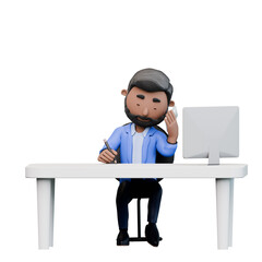 businessman is sitting at a desk with a computer and a pen. He is writing something on a piece of paper