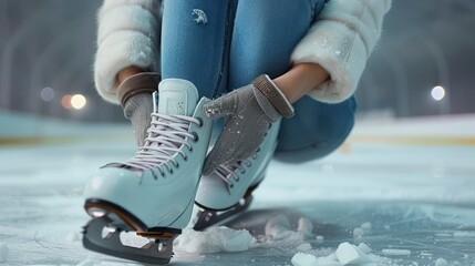 A Detailed View of a Woman's Ice-Skating Gear, Featuring Skates, Gloves, and Jeans Against a White Isolation