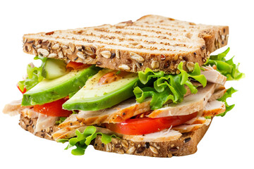 Grain sandwich with turkey, avocado, and tomato isolated on white background.
