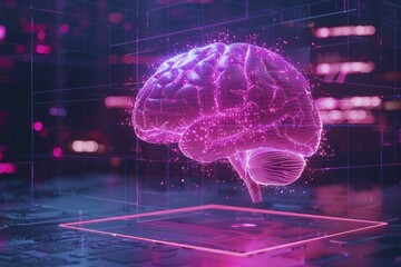 Innovative blend of neuroscience and technology showcased through a holographic human brain on a vivid dark magenta backdrop.