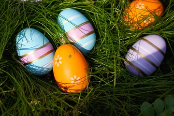 Easter postcard with colorful eggs hidden in the green grass in the garden close-up, The concept of...