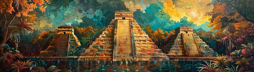 Ancient Mayan Civilization, acrylic painting, pyramids and jungle environments , illustration - obrazy, fototapety, plakaty