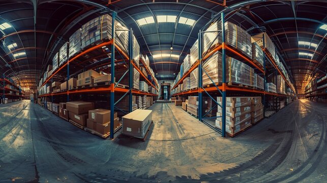 fisheye lens photo of a warehouse, with boxes on the racks and pallets stacked in the background