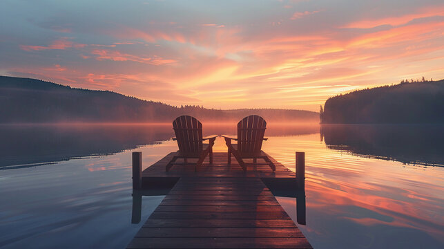 A tranquil scene unfolds with two wooden chairs perched on a pier, inviting relaxation as they face a serene lake, with the warm hues of sunset painting the waters and sky,