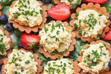Egg paste cupcake. Egg spread tartlets. Boiles eggs with mayo on baked tarta cake sprinkled with chives onion spring. Salty party snack. Eggs salad on tartlet. Easter modern style food. - obrazy, fototapety, plakaty