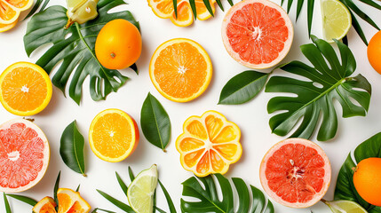 A vibrant arrangement of sliced fruits, interspersed with lush green tropical leaves, forms an artistic pattern, isolated on a white background, offering a fresh summer vibe