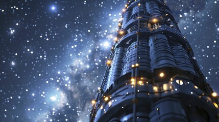 A revolutionary space elevator prototype promises to redefine space travel against a backdrop of a starry night sky. - obrazy, fototapety, plakaty