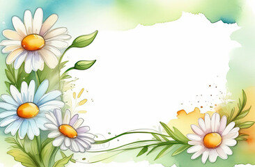 Summer background with daisies painted in watercolor. Place for text