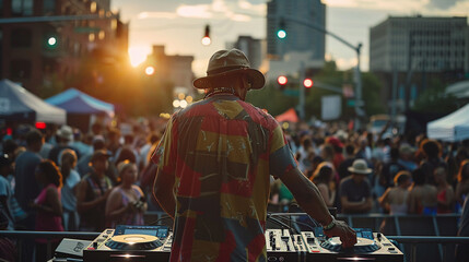 A youthful energy permeates the city streets as a DJ mixes beats at an outdoor festival, with throngs of young people gathered to revel in the vibrant summer atmosphere. - obrazy, fototapety, plakaty