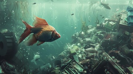 Vibrant Underwater Oasis Teeming with Captivating Marine Creatures in a Serene Aquatic Ecosystem with Garbage in the ocean